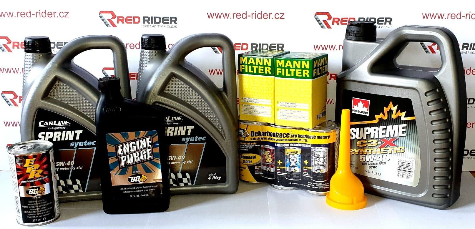Red-Rider.cz BGSPB40 Dekarbonizační set: 2x BG109 325 ml, 1x BG115 325 ml, 1x BG 208 325 ml, 1x BG 120 946 ml, 2x Carline Sprint 5W40 4L, Petro Canada C3-X 5W40 5L
