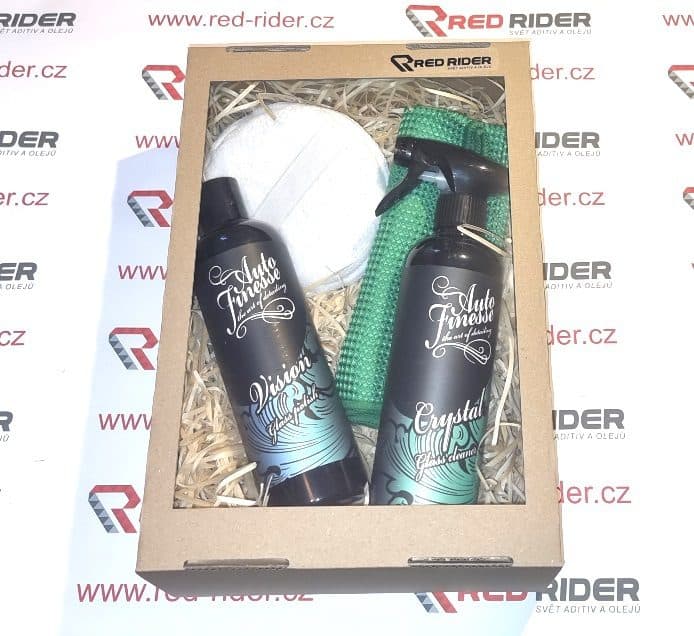 Red-rider.cz Dárkový set Auto Finesse Crystal Glass Cleaner 500 ml + Auto Finesse Vision Glass Polish 500 ml + Auto Finesse Glass Waffle 40x60 cm + Auto Finesse Microfiber Applicator mikrovláknový aplikátor