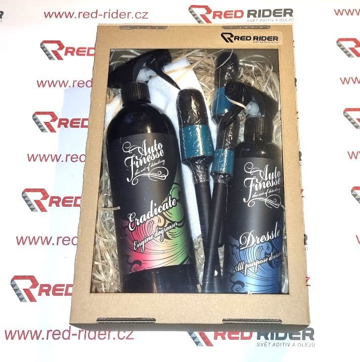 Red-rider.cz Dárkový set Auto Finesse: Mikrovláknová utěrka 40x40cm + Sealant na plasty 500 ml + čistič motorového prostoru 1 l + sada luxusních detailingových štětců